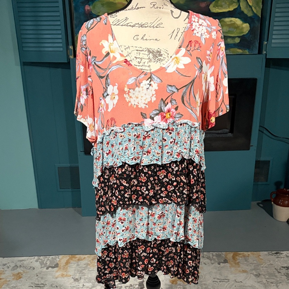 Umgee Floral Layered Mini Dress - Peach, Black, Teal